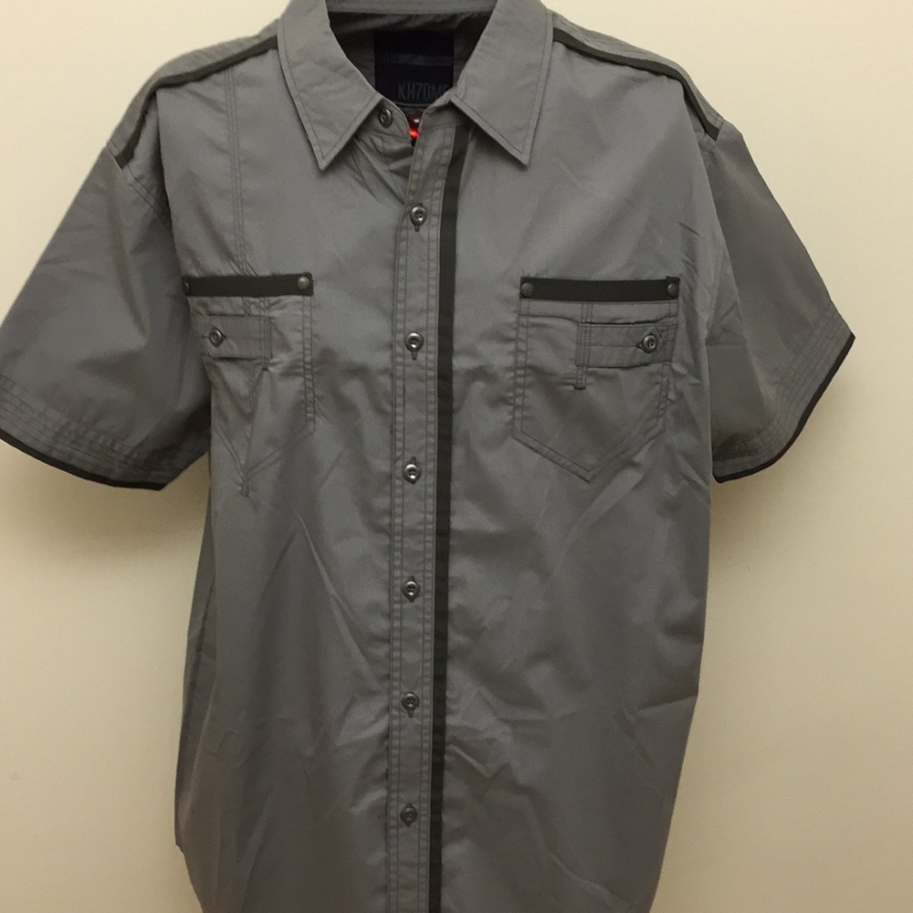 KH7OME Youth Army Green Short Sleeve Button Up Shirt Juniors XXL or M Mens